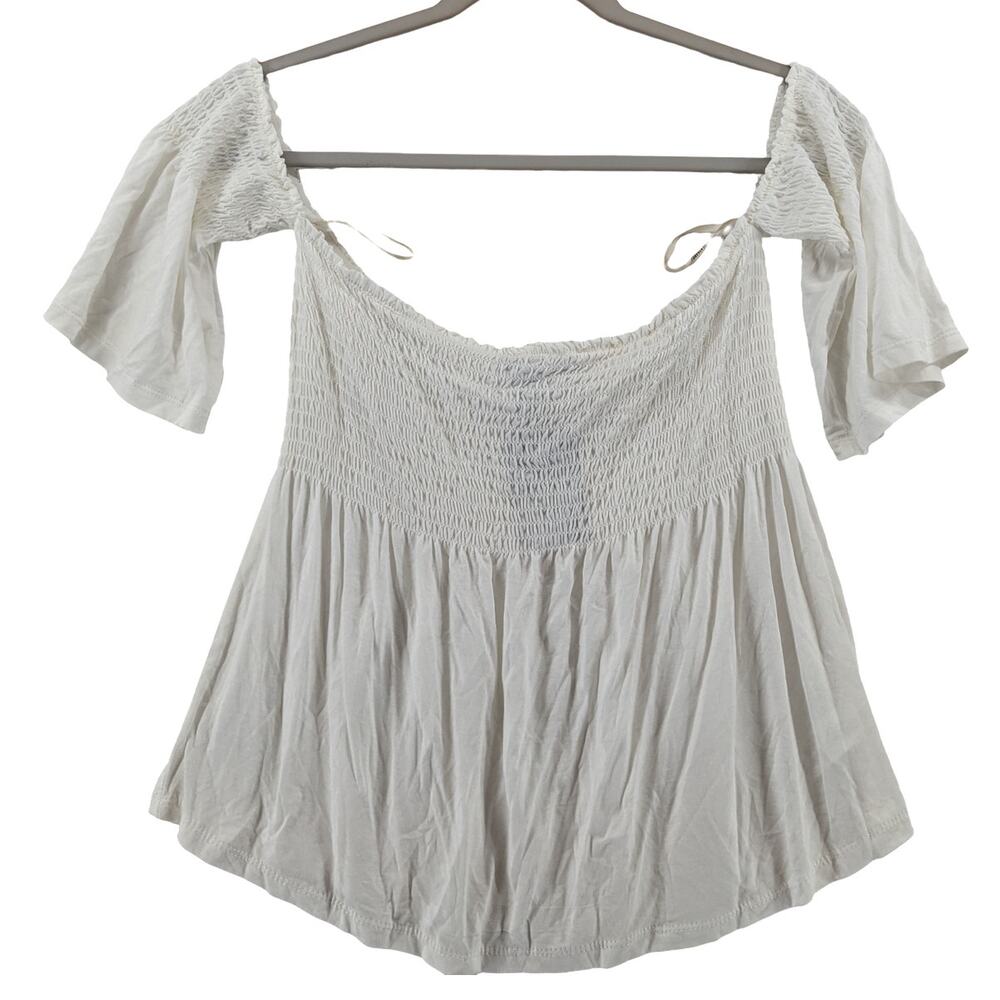 Forever 21 Off Shoulder‎ Blouse Large Ivory Flowy Boho Smocked Summer Top Loose